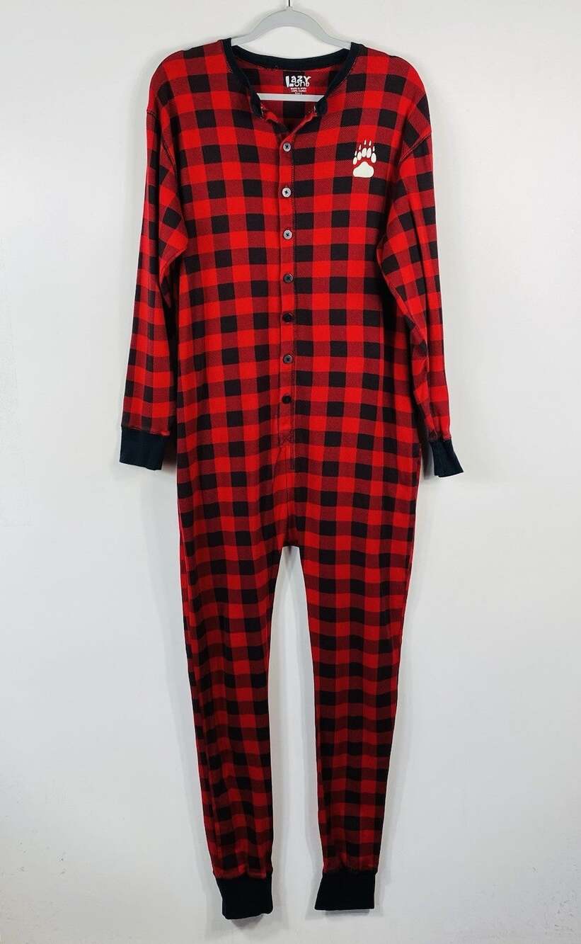 Lazy One Pajamas Adult Large One Piece Buffalo Plaid Bear Cheeks Flapjack Red
